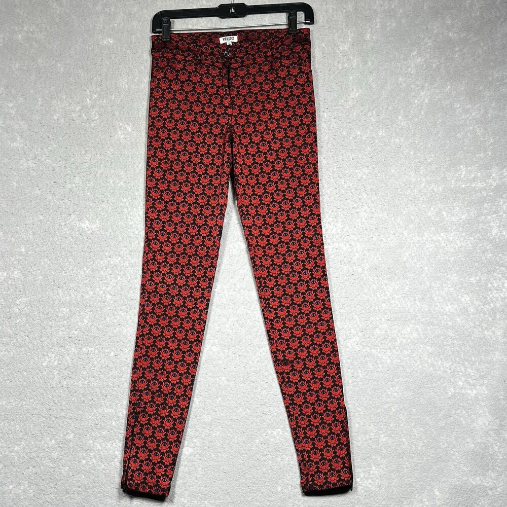 Kenzo Red and Black Skinny Pants with Allover Floral Motif